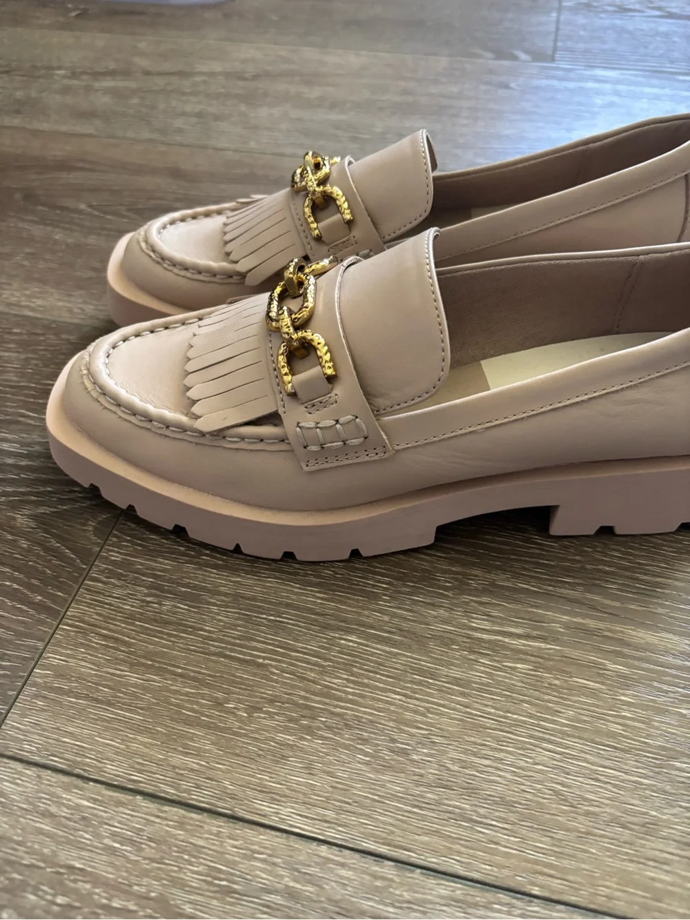 Dolce Vita Cream Fringe Loafers with Gold Chain Detail